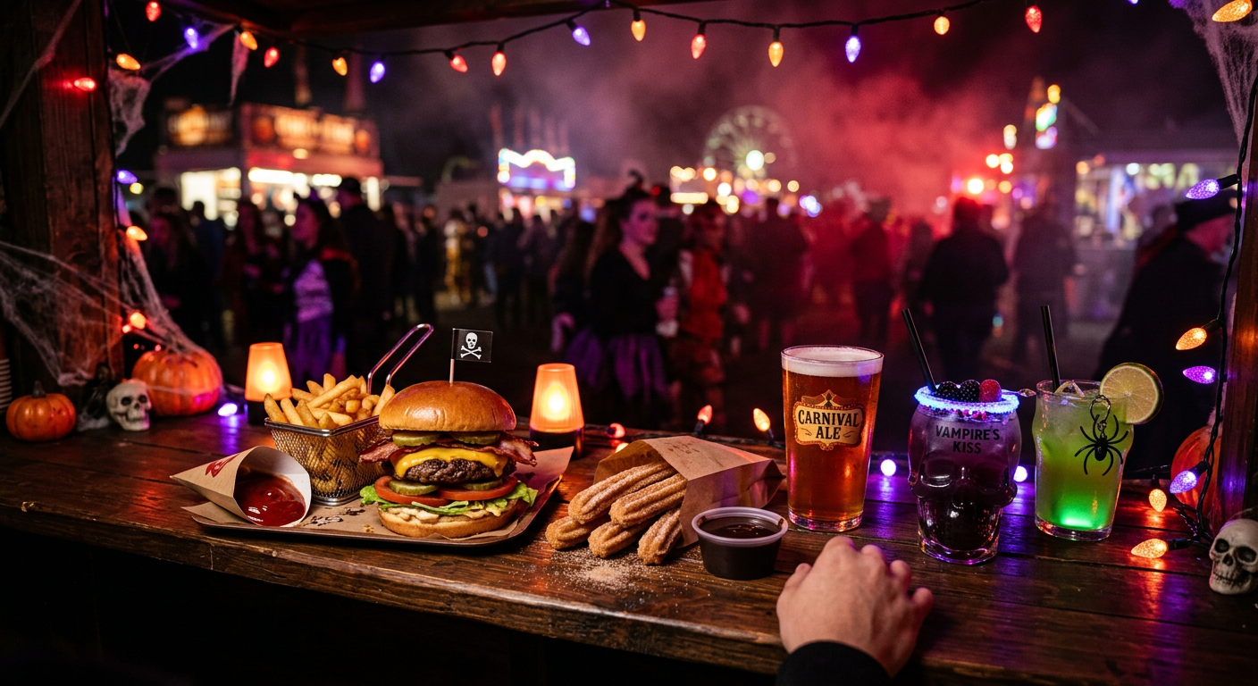 Hamburguesas, papas, churros y bebidas en un mostrador del parque