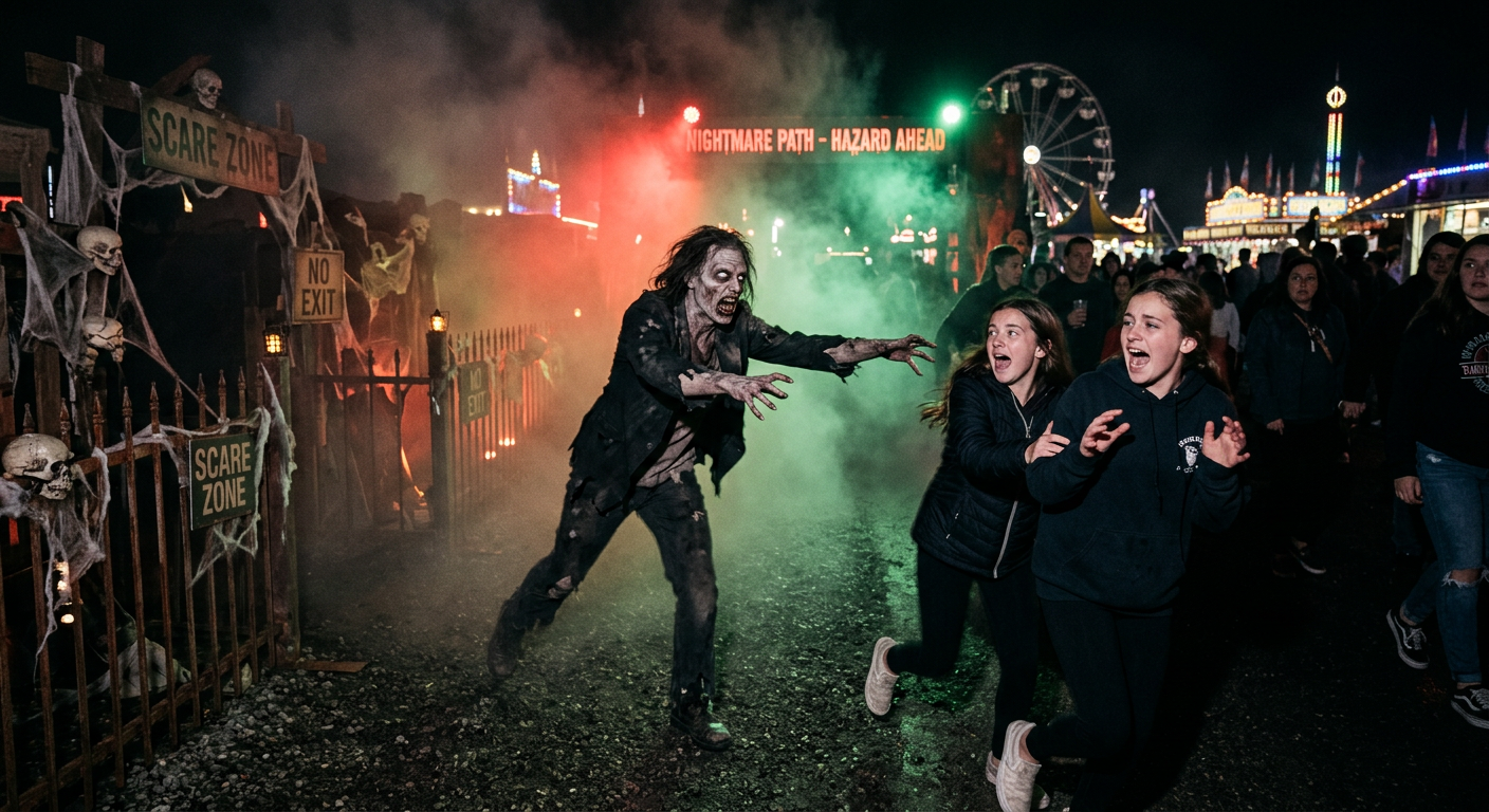 Actor zombi saliendo de la niebla hacia los visitantes